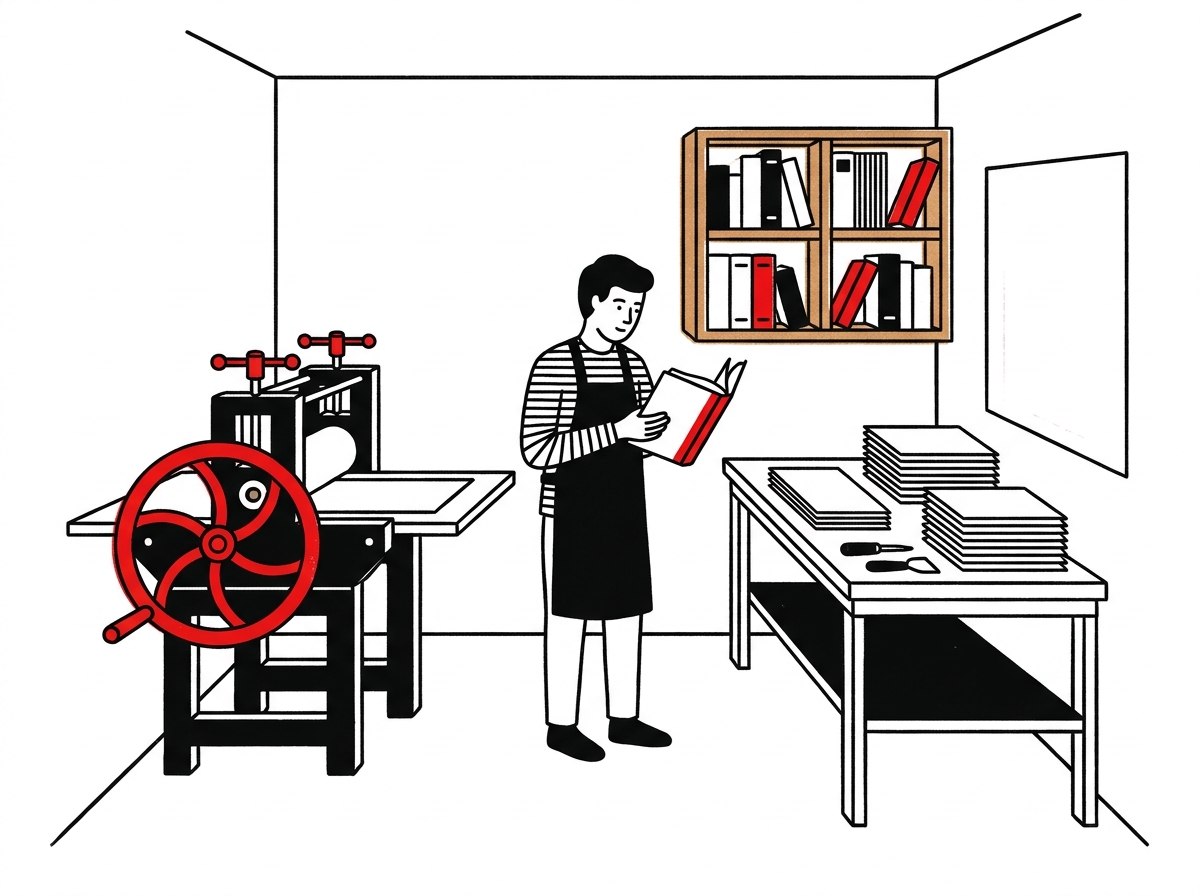 Illustration of the Custom Book Studio print studio — a press, sample books, and a binder at work