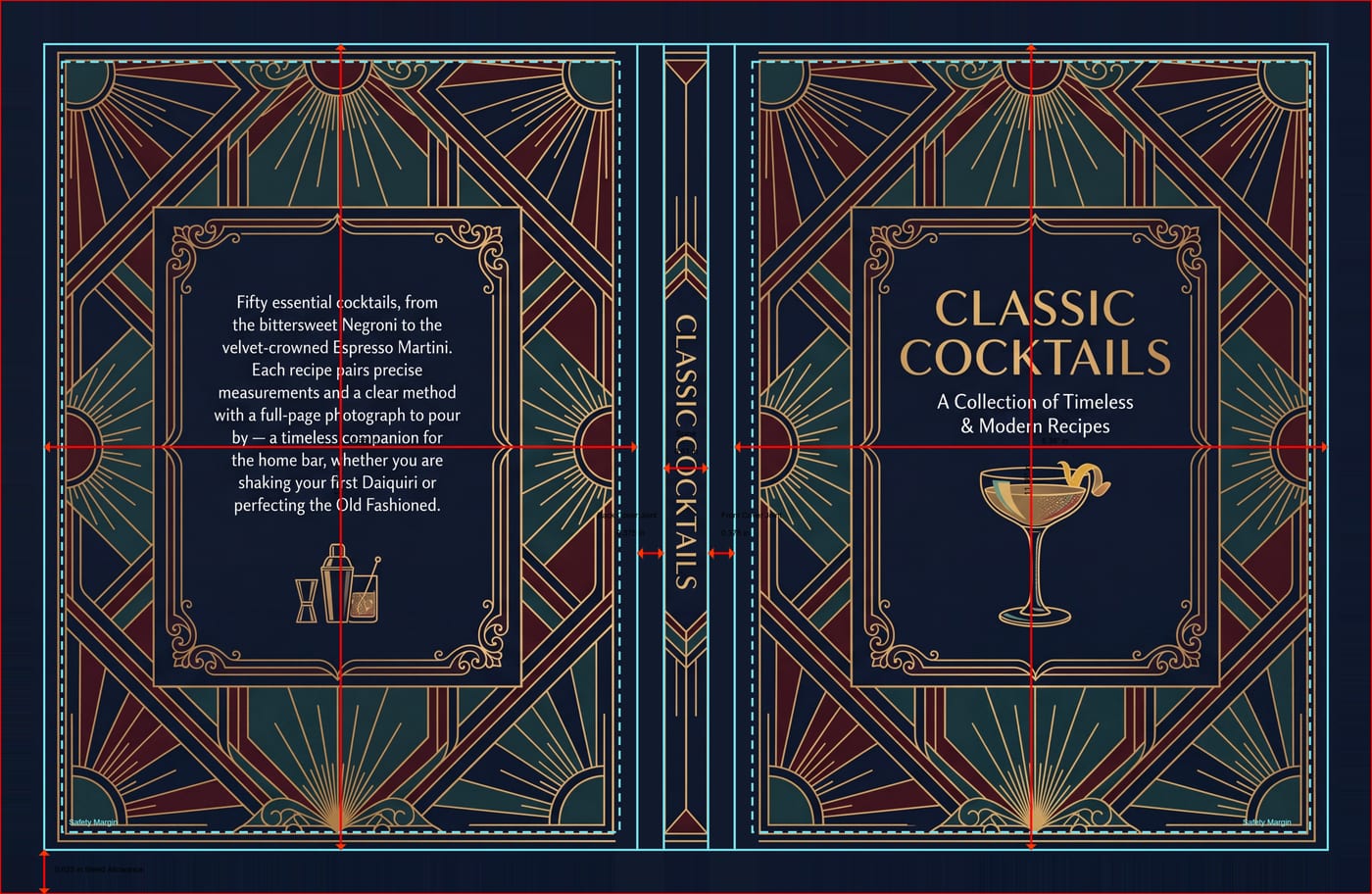 A hardcover casewrap template: back cover, joint, spine, joint and front cover across one sheet, with the trim, bleed and safety guides drawn over it.