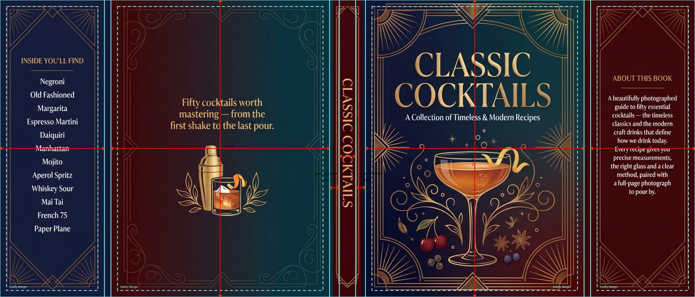 A dust jacket template: flaps, covers and spine across one sheet with the guides drawn on.