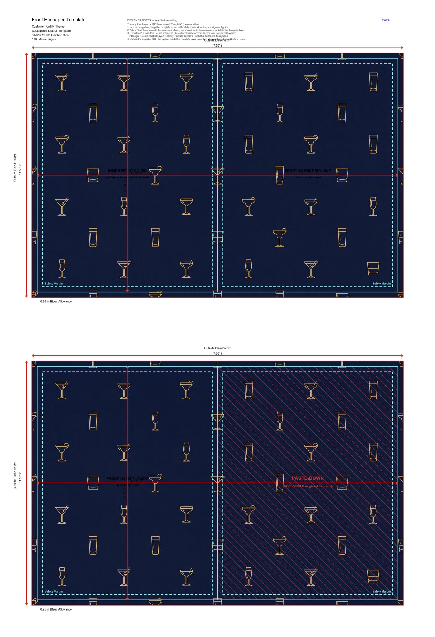 A front endpaper template, with the half that is pasted down to the board hatched and the free flyleaf half left clear.