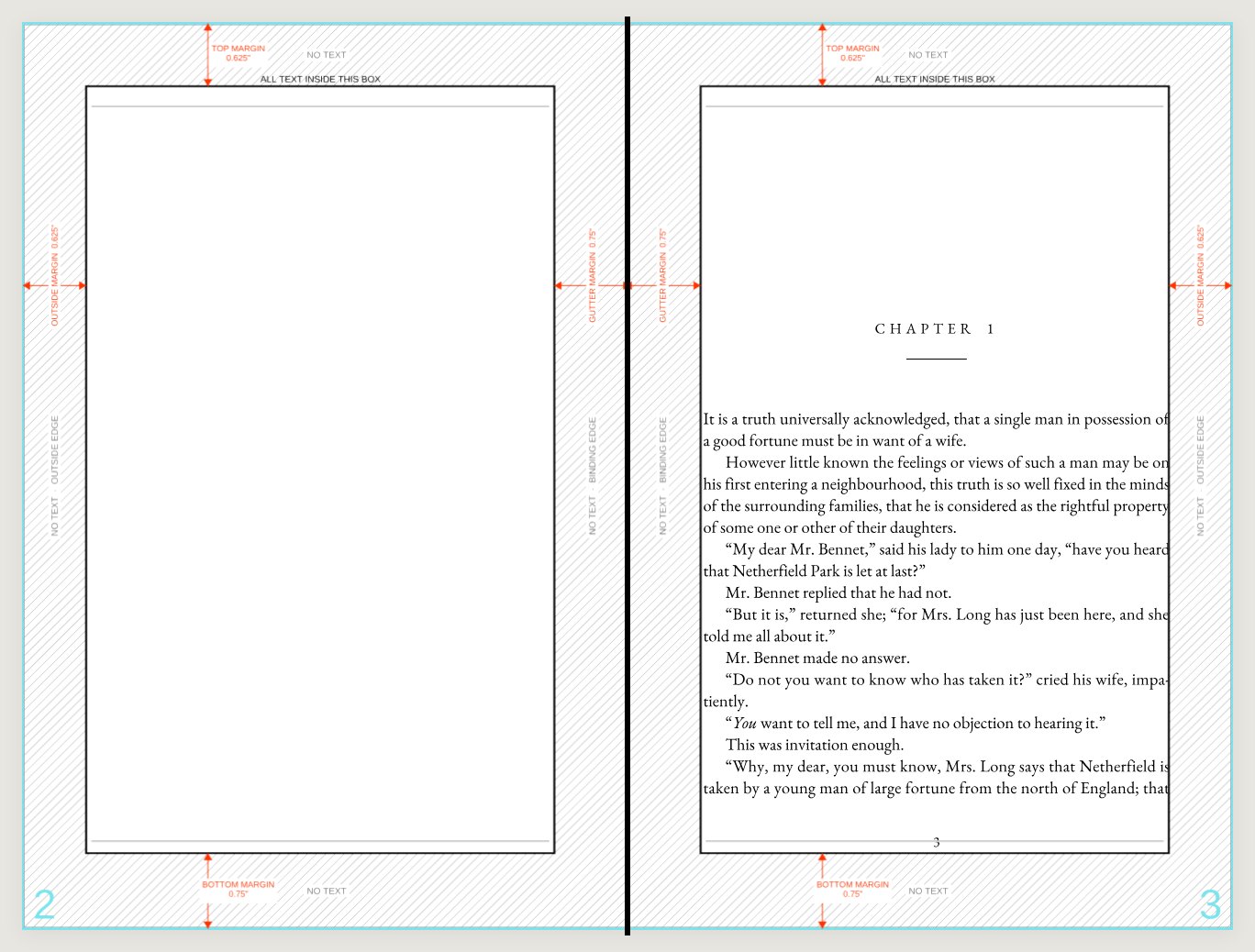 The opening spread of a book interior template, with the guides showing on both pages.