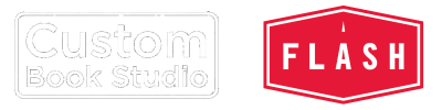 The Custom Book Studio Logo in White and the flash reproduction slogo in red