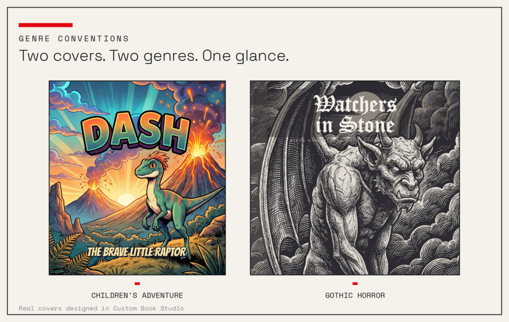 Two real Custom Book Studio covers side by side: a bright children's dinosaur adventure and a gothic-horror gargoyle book