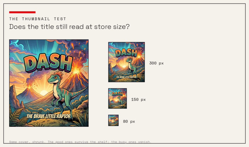 A children's book cover shown at full size and then at 300, 150 and 80 pixels, with the title still readable