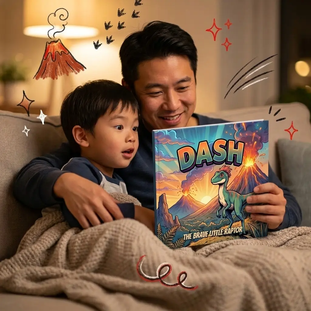 A father and son reading DASH — The Brave Little Raptor, a picture book made with the AI Book Creator