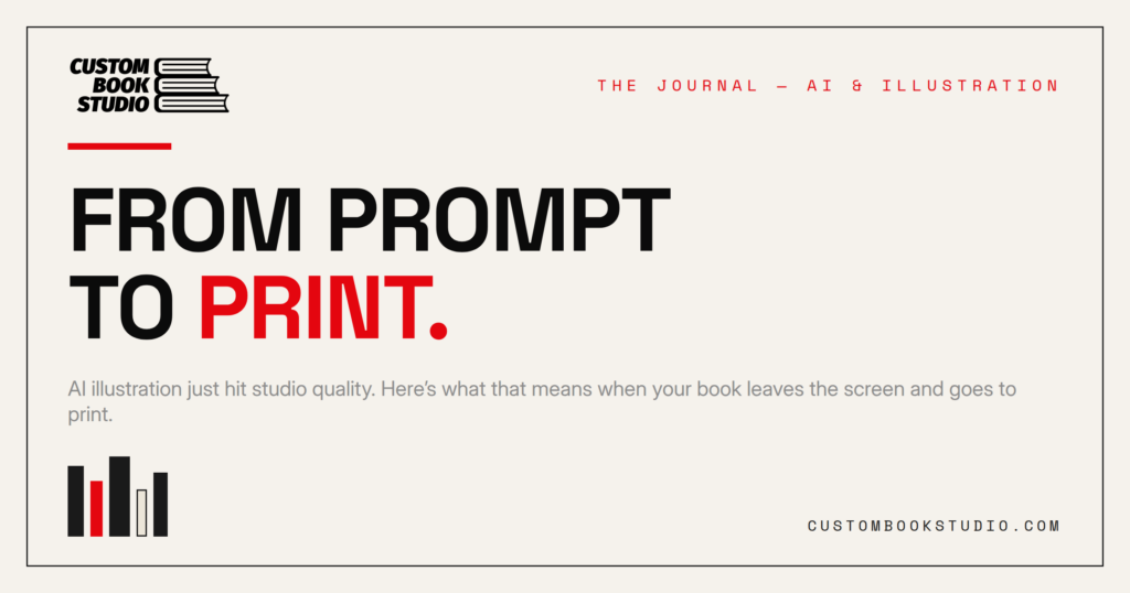 Custom Book Studio editorial graphic reading From Prompt to Print