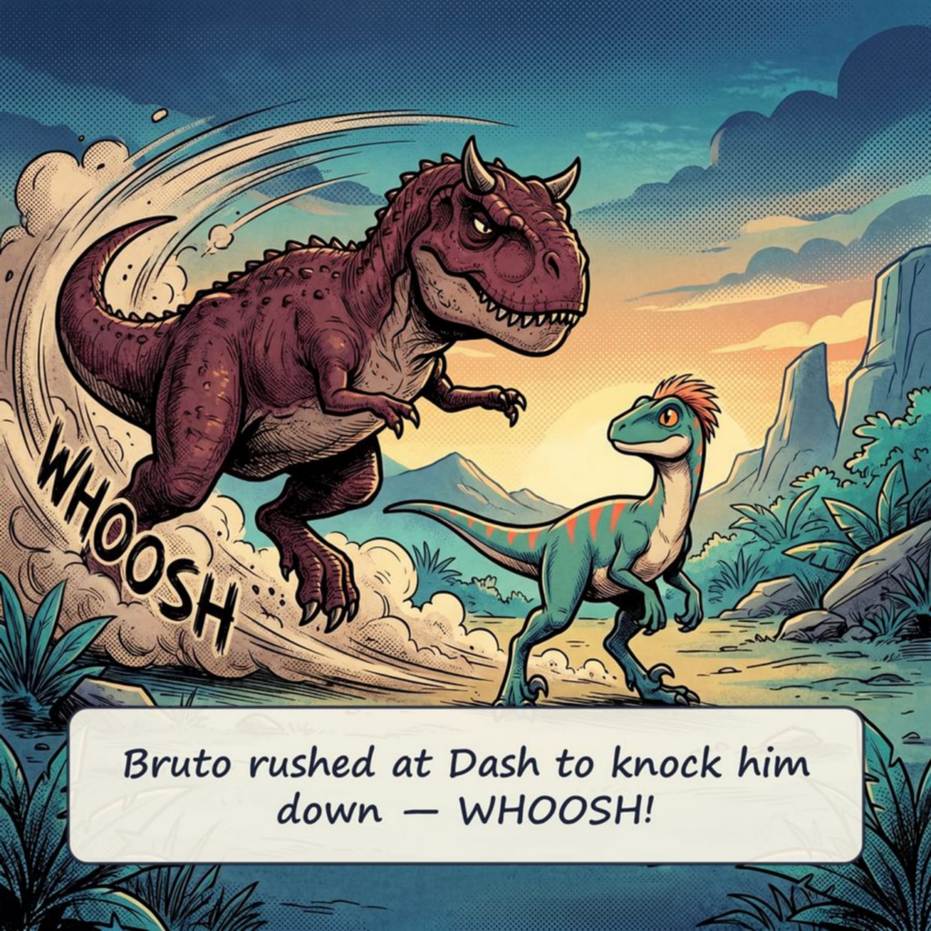 A cinematic comic dinosaur scene with in-image caption text, generated with AI in Custom Book Studio