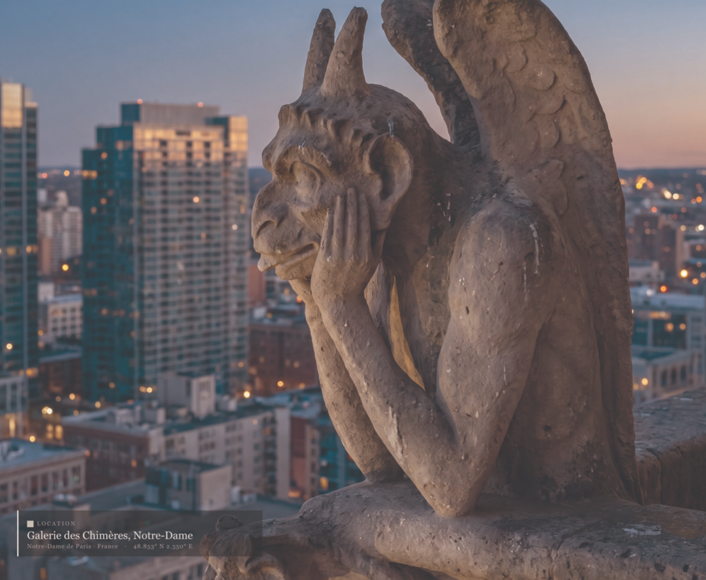 A photoreal Notre-Dame gargoyle overlooking a city skyline, generated with AI in Custom Book Studio