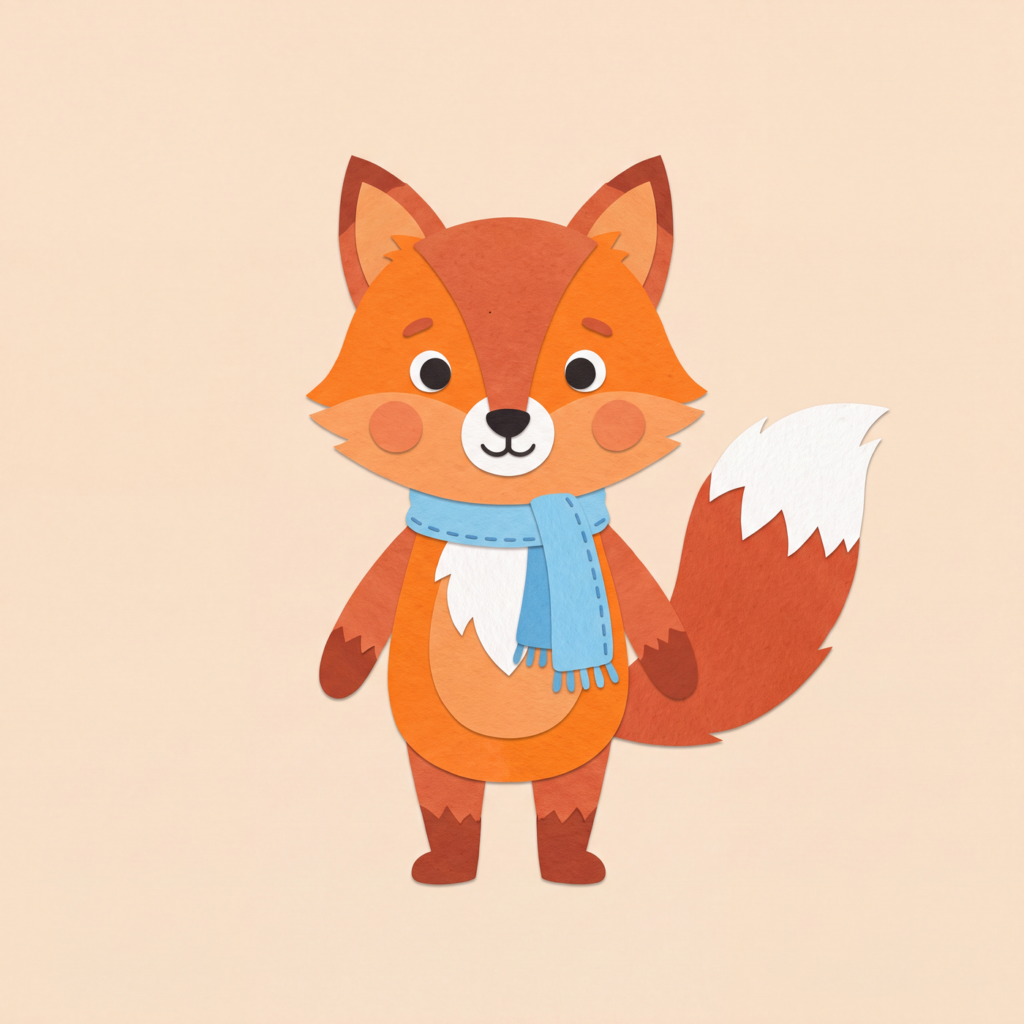 A soft cut-paper collage fox from a children's book, illustrated with AI in Custom Book Studio