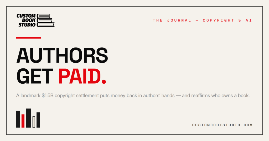 Custom Book Studio editorial graphic: the words Authors Get Paid over a warm paper background