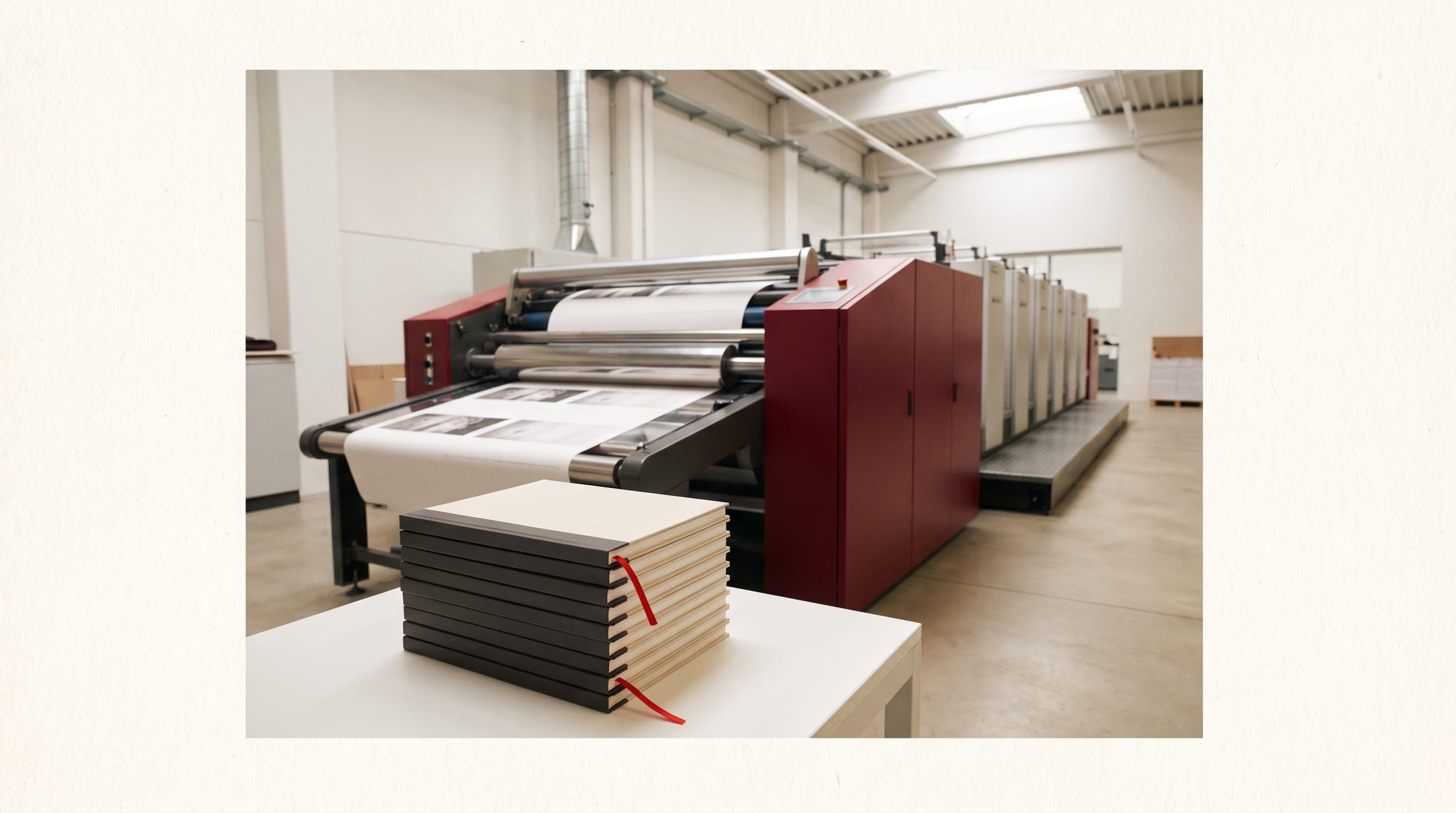 Bright, clean pressroom at Custom Book Studio's Toronto book manufacturing plant — a sheet-fed colour press running picture-book sheets beside stacked finished hardcovers
