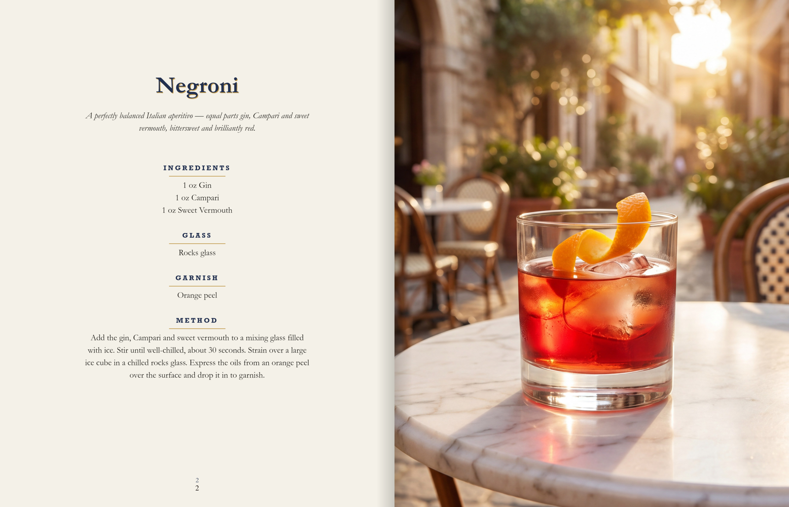 The Negroni spread from Classic Cocktails: recipe on the left, a full-page photograph on the right