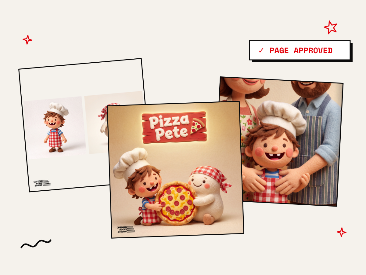Illustrated pages of Pizza Pete being created and approved in the AI Book Creator