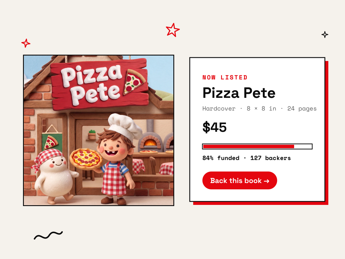 Pizza Pete listed for sale in the AI Book Creator with a crowdfunding progress bar at 84 percent funded