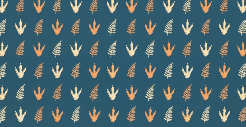 Dash endpaper pattern: raptor footprints and fern sprigs on deep teal.