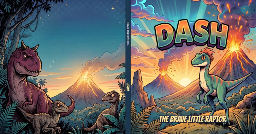 The wraparound cover of Dash — The Brave Little Raptor, with Bruto on the back and Dash on the front.