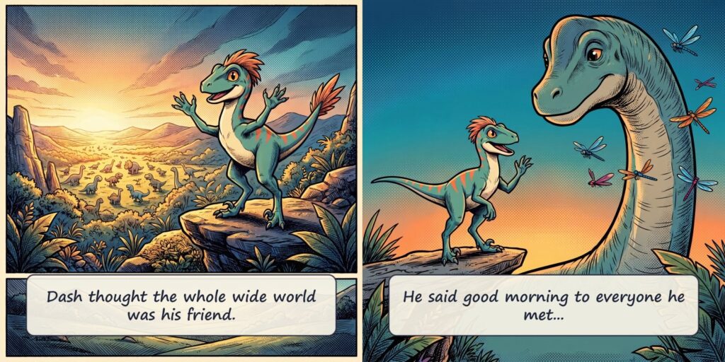 Interior spread: Dash greeting the valley, 'Dash thought the whole wide world was his friend.'