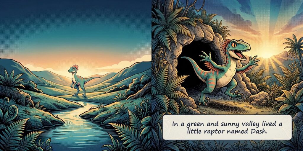 Opening spread: Dash by the river, 'In a green and sunny valley lived a little raptor named Dash.'