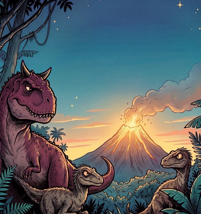 Bruto the Carnotaurus and his two raptor sidekicks on the back cover at dusk.