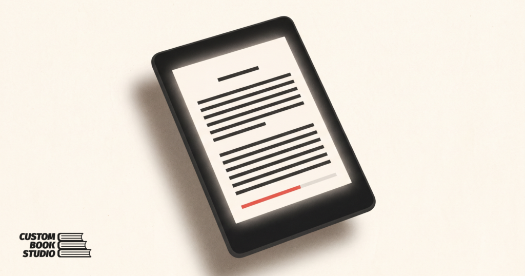 Custom Book Studio — an e-reader displaying a book page with a red progress bar (watermarked).