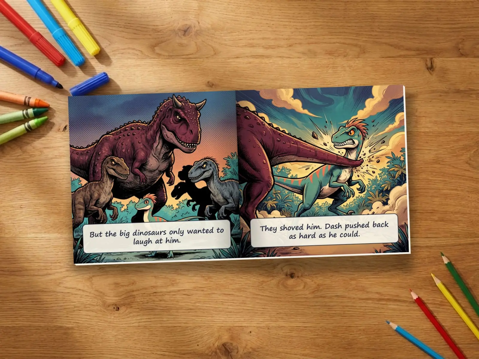 A real printed copy of DASH lying open — the big bullies laugh at Dash and shove him