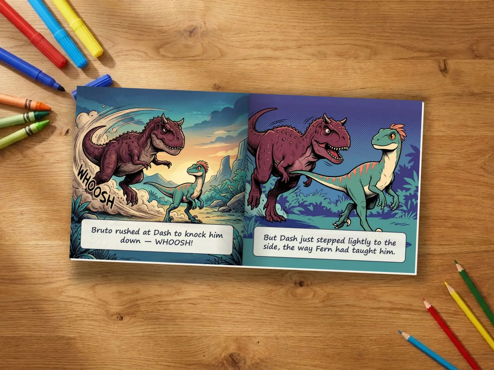 A real printed copy of DASH lying open — Bruto charges and Dash steps lightly aside