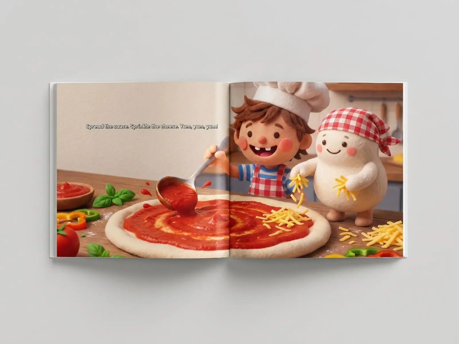 A real printed copy of Pizza Pete lying open — the spread where Pete and Doughboy spread the sauce and sprinkle the cheese