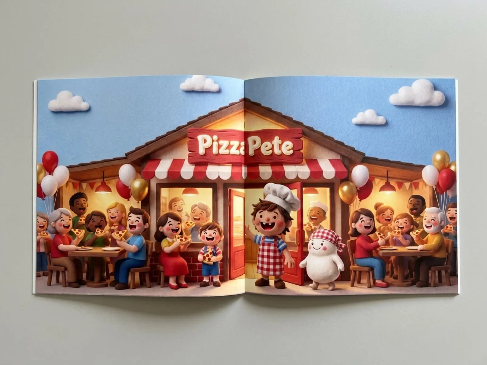 A real printed copy of Pizza Pete lying open at the pizzeria grand-opening spread