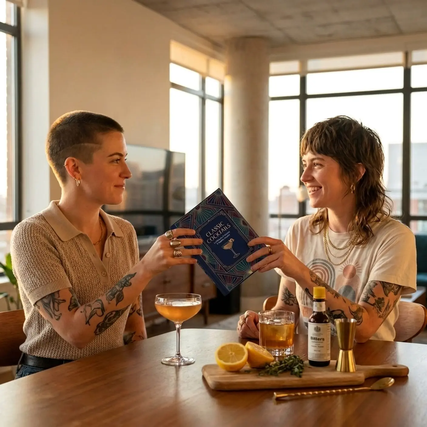 Two women laughing while mixing a cocktail in a modern apartment, the Classic Cocktails recipe book open on the table between them