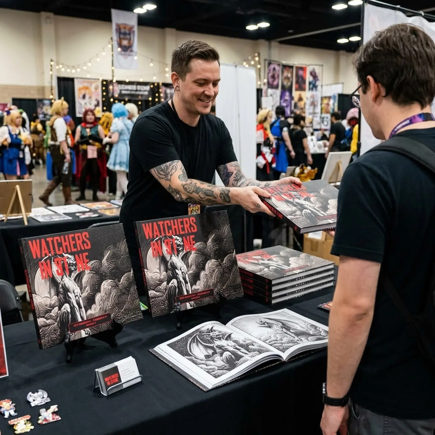 An artist selling Watchers in Stone from a booth at a comic-con — copies face-out on easels beside an open copy showing the interior art