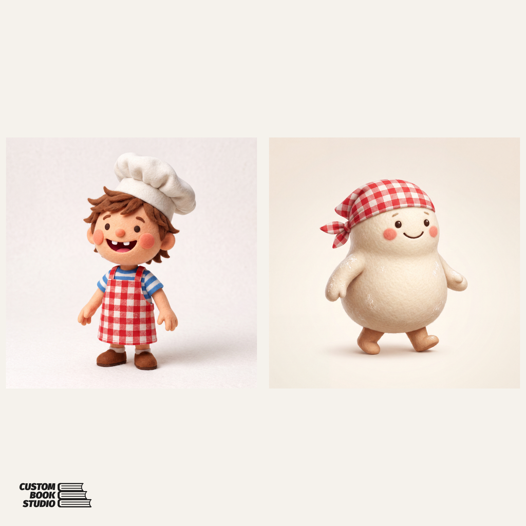 Character reference sheets for Pete and Doughboy in needle-felt style