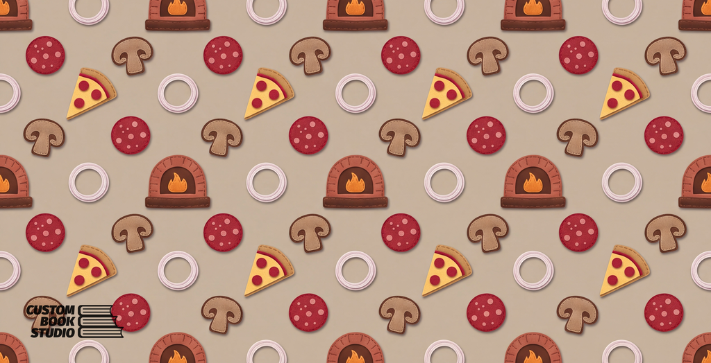 Half-brick repeating endpaper pattern of felt pizza ingredients and wood-fired ovens