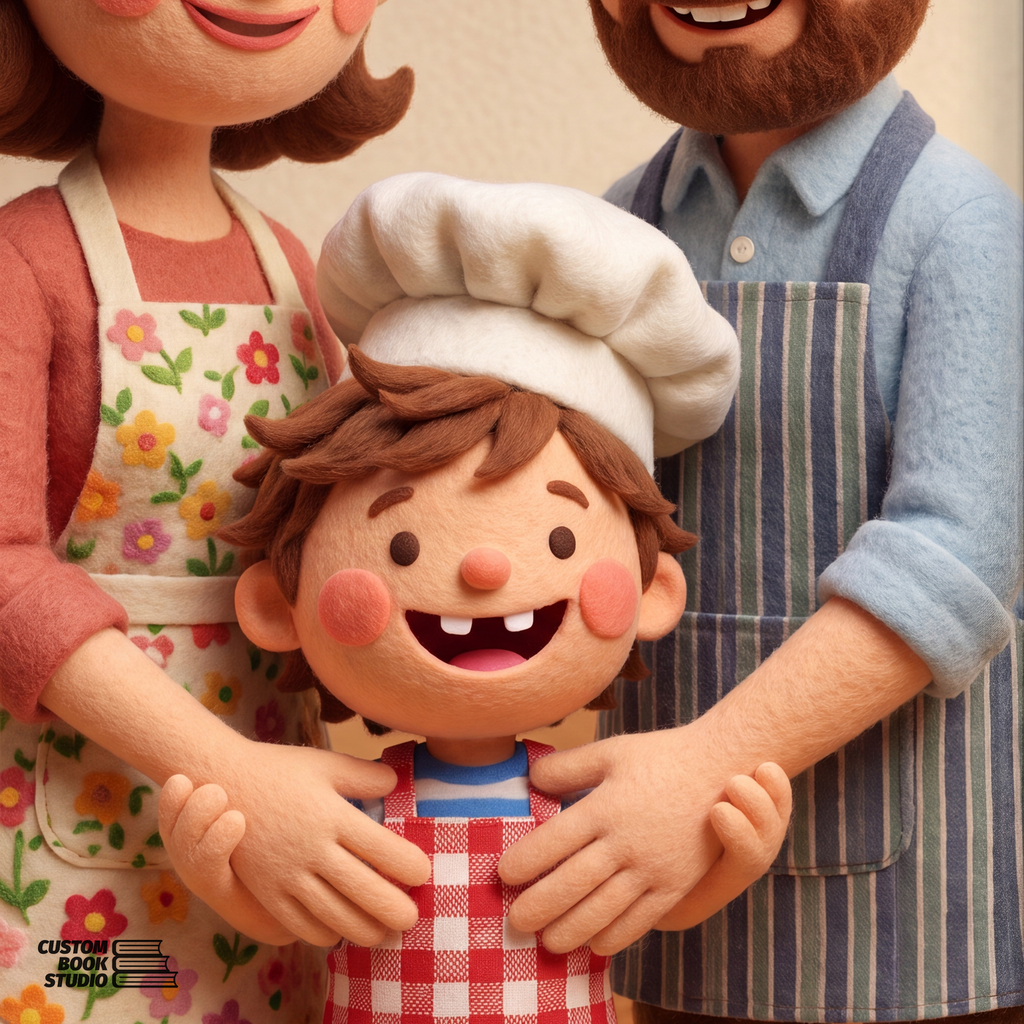 Mama and Papa with their hands on Pete&rsquo;s shoulders, in felt style