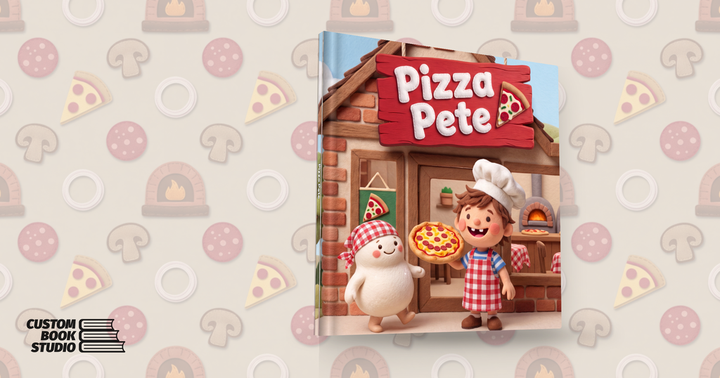The felt-styled front cover of Pizza Pete on a backdrop of the book’s own pizza-ingredient endpaper pattern