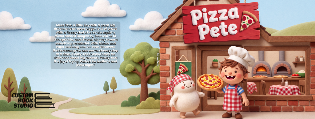 The complete Pizza Pete dust jacket: back-cover blurb, spine and front cover as one continuous scene