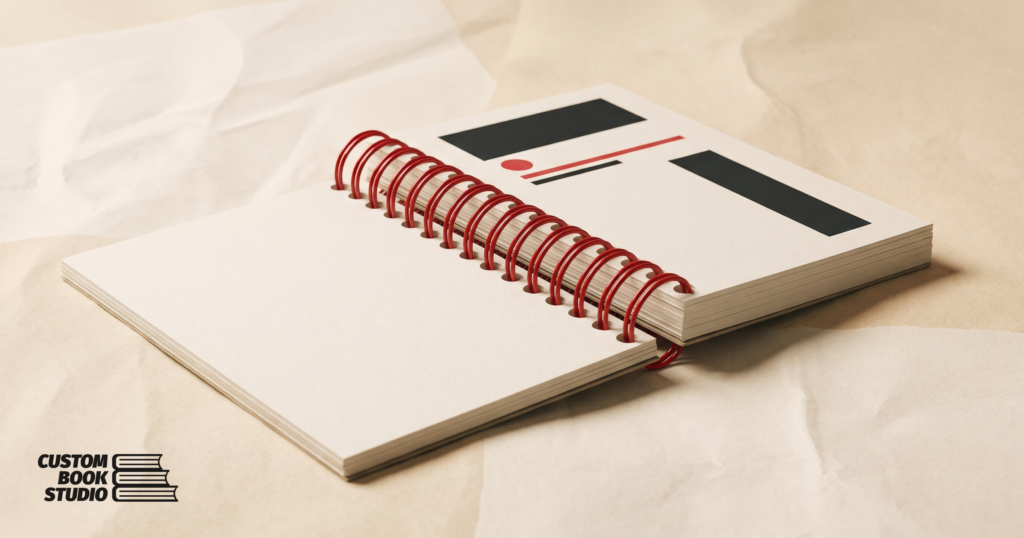 Custom Book Studio — an open spiral coil-bound workbook with a red plastic coil threaded through the punched holes (watermarked).