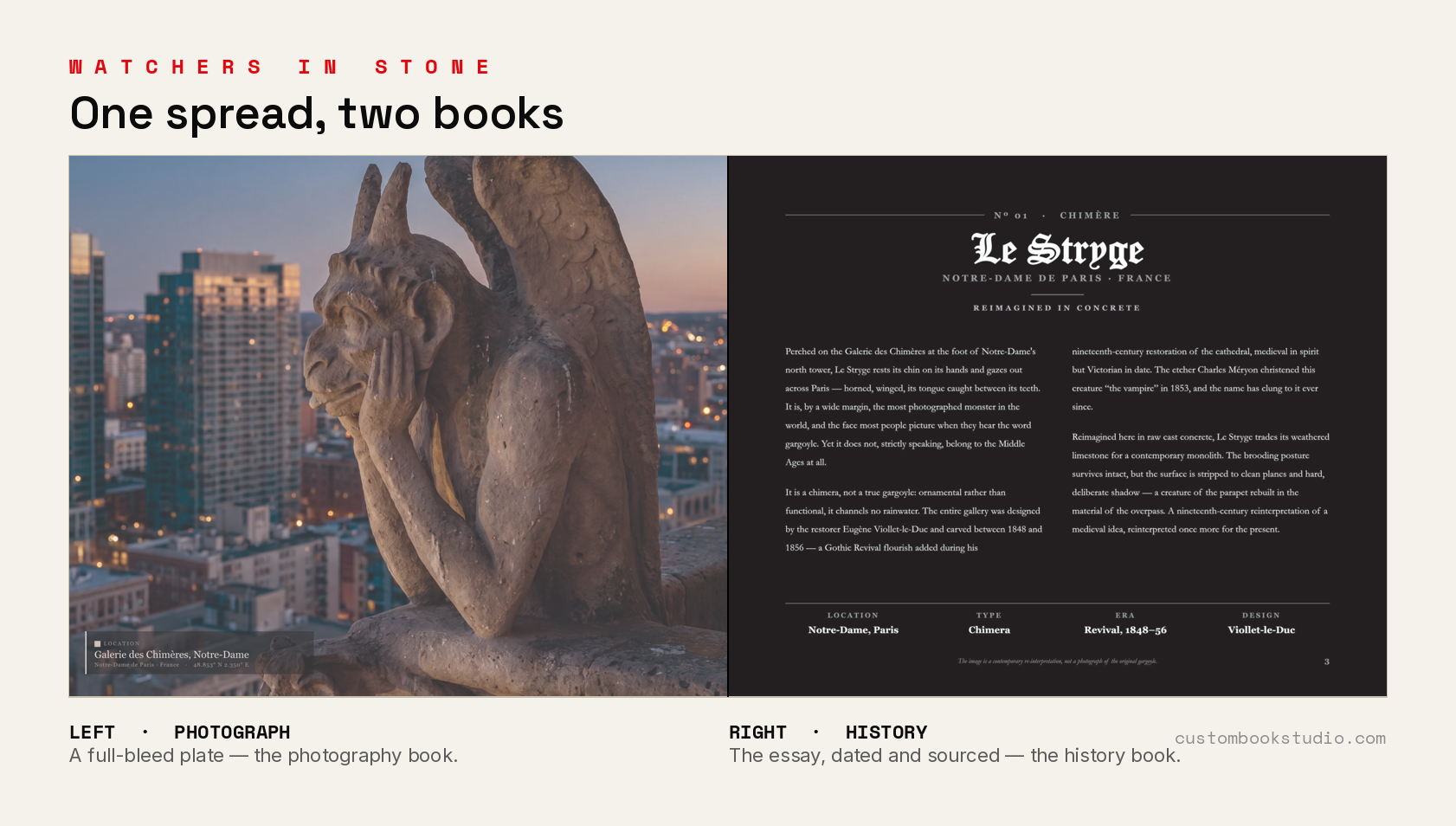 An interior spread: a full-bleed gargoyle photograph on the left, a typeset history essay on the right